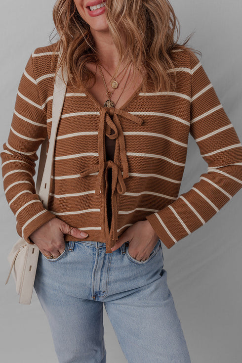 Striped Knit Tie Front V Neck Cardigan